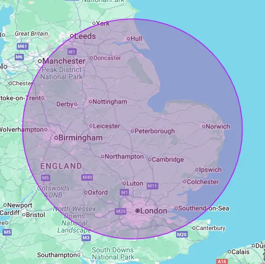 Map showing Loos & More 100 mile biohazard cleaning service radius from Peterborough